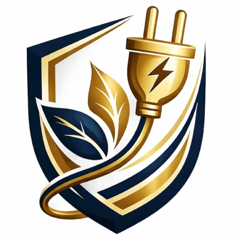 TarifWerk Logo mit einem Stecker, Blatt und Schild in Blau und Gold.